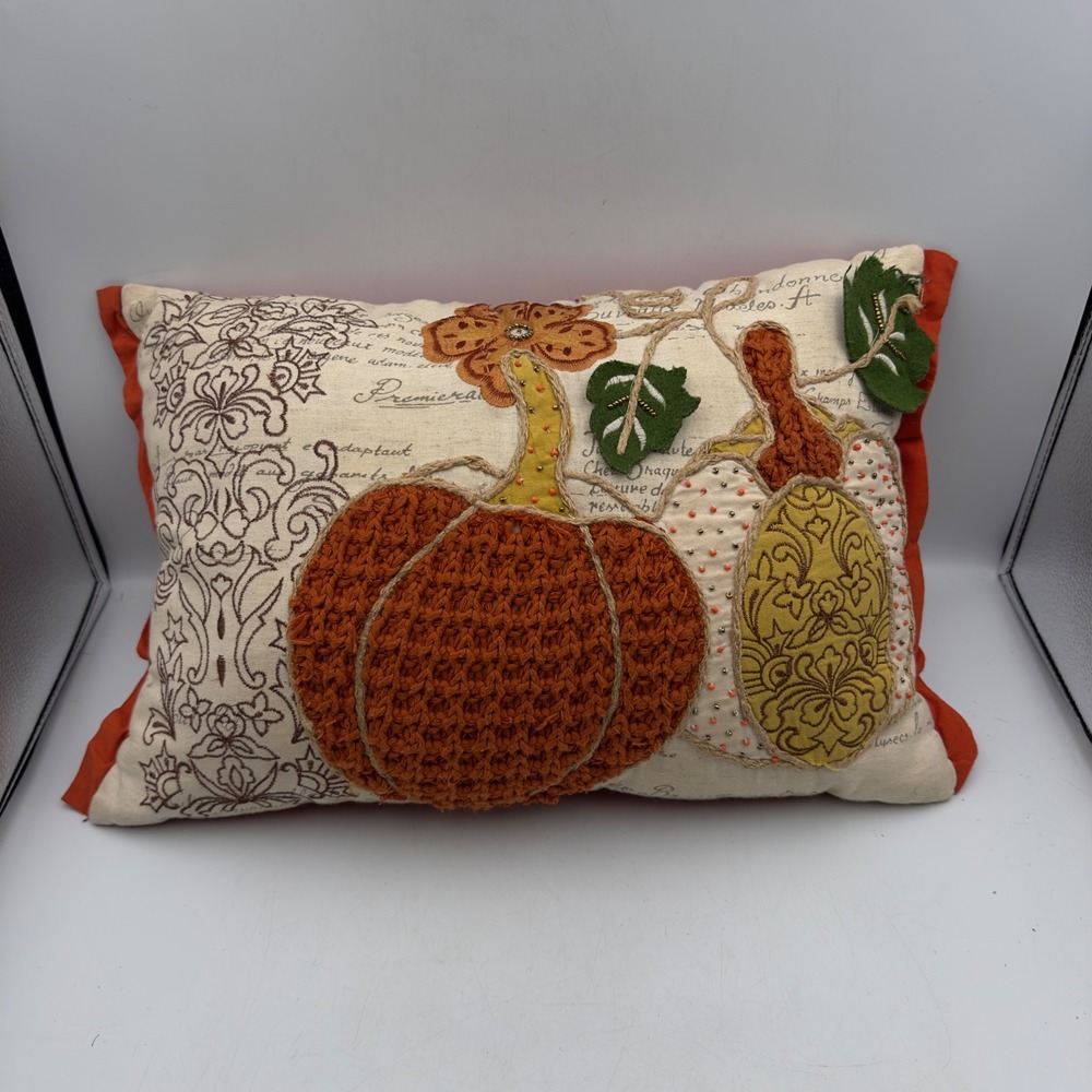 Pier 1 Pumpkin Harvest Lumbar Pillow Orange Yellow Mixed Media Fall Decor 16x11